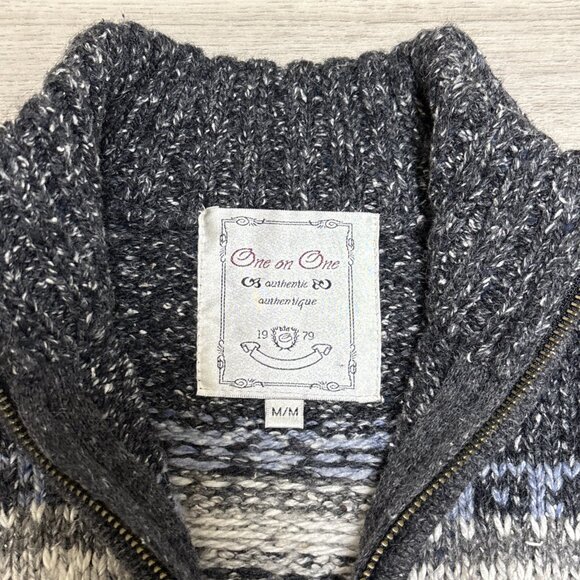 One on One Fair Isle Sweater Jacket Womens Medium Gray Blue Fleck Zip Cardigan - Picture 7 of 9
